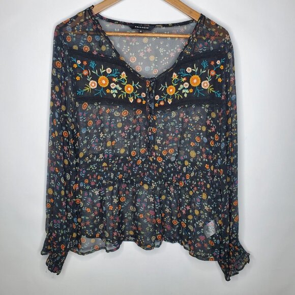 peacocks Tops - Peacocks Womens Black Floral Embroidered Blouse Size 16 US L Sheer Smocked Waist